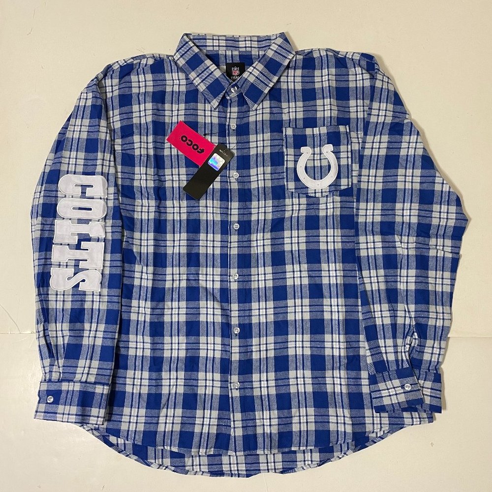 Indianapolis Colts FOCO Mens Flannel Plaid Long Sleeve Button Shirt Pocket - 2XL